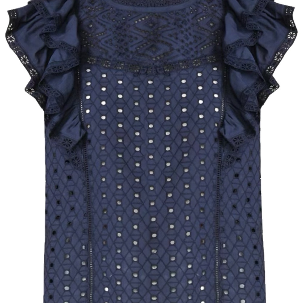 Veronica Beard Jie Navy Eyelet Ruffle Top